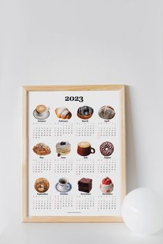 2023 calendar poster with a different
 pastry or coffeecup for each month. Coffee And Pastry, Croissant Donut, Donut Cake, Calendar Poster, Cake Donuts, Donuts, Pastry, Coffee, Cake