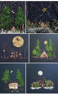 four different images of trees and houses in the night sky, with stars above them