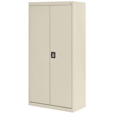 a white metal storage cabinet with two doors and a black latch on the front door