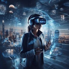 a woman wearing virtual reality headset standing in front of a futuristic cityscape