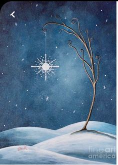 a painting of a tree in the snow with a star hanging from it's branch