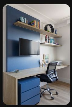 a room with a desk, chair and television on the wall above it is also a bookcase