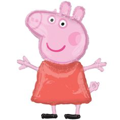 a balloon shaped like peppa pig wearing a red dress