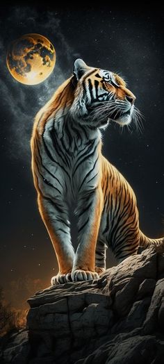 a tiger sitting on top of a rock under a full moon