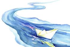 a watercolor drawing of a paper boat floating in the ocean