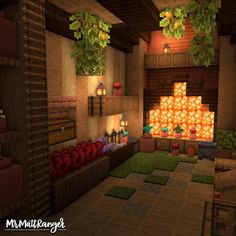 a living room filled with lots of furniture and plants on the ceiling, in minecraft