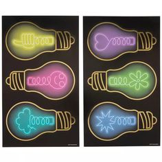 four lit up light bulbs with different colors