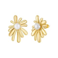 The Kyla earrings feature delicate flower design crafted from 18k gold-plated metal. These elegant earrings add a touch of sophistication and charm to any outfit, perfect for both casual and formal occasions. Gold Plated Flower Charm Earrings, Gold Plated Flower Charm Earrings For Wedding, Gold-plated Flower Earrings, Gold Chic Flower Earrings, Chic Gold Flower Earrings For Wedding, Chic Flower Earrings As A Gift, Formal Gold Flower Cluster Earrings, Gold Plated Flower Shaped Earrings, Gold Plated Yellow Gold Flower Earrings