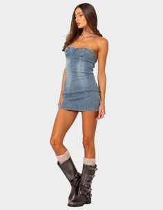 No Need To Accessorize, Because This Strapless Mini-Dress Will Do All The Work For You. Its Bodycon And Strapless Fit, Elevates Your Look, Making It A Must-Have Statement Dress For Any Party Or Festival. Mini Dress. Bodycon Fit. Denim Fabric. Model Wears Size S. Model Height Is 5'9. Item Care: Wash With Similar Colors. 95% Polyester, 5% Spandex. | Edikted Alissa Denim Mini Dress Easter Dresses For Women, Mini Dress Bodycon, Strapless Denim Dress, Neon Dresses, Best Summer Dresses, Olive Green Dresses, Summer Black Dress, Peach Dress, Statement Dress