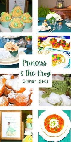 princess and the frog dinner ideas are displayed in this collage with pictures on it