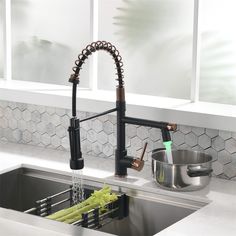 a kitchen sink with a faucet, strainer and potted celery