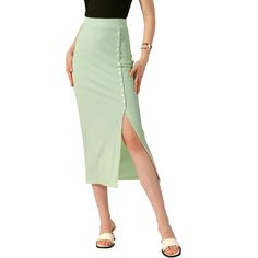 The solid pencil basic skirt features a high elastic waist, an unlined design, and a side split slit with button-down details. The midi length skirt is solid in color and has a bodycon design with a split side, creating a sweet style that showcases unique personal charm and produces an elegant visual effect. This versatile skirt is suitable for various occasions such as the office, work, business meetings, cocktail parties, daily wear, weekends, dates, and casual outings. The elastic waistband o Midi Pencil Skirts, Bodycon Design, Skirts Green, Basic Skirt, Knit Midi Skirt, Cocktail Parties, Midi Length Skirts, Midi Skirt Pencil, Pencil Skirts