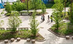 people are walking around in the park with trees and bushes on either side of them