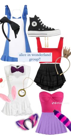 four different types of clothes with the words alice in wonderland group on them and an image of