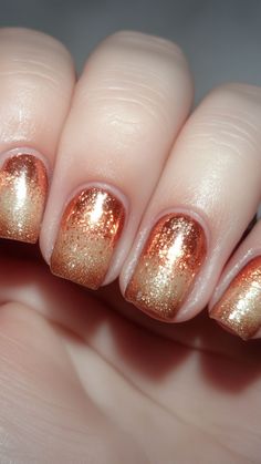 Illuminate your fall look with Copper Shimmer nails for a dazzling effect. This easy and durable design adds a touch of sparkle to your seasonal style. Click the pin to explore more and follow us for the latest nail inspirations! #FallNails #CopperShimmer #NailDesigns #ShortNails #NailTrends Copper Nails Designs, Shimmer Nails