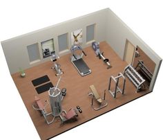 an overhead view of a home gym with equipment on the floor and in the wall