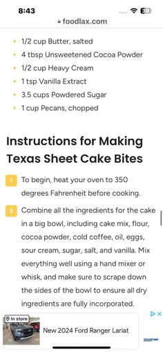 the instructions for making texas sheet cake bites are shown in this screenshote screen