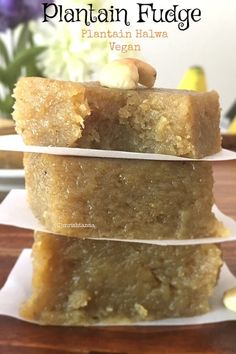 three pieces of plantain fudge stacked on top of each other