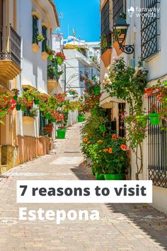 an alley way with flowers and potted plants on the side, text reads 7 reasons to visit estepona