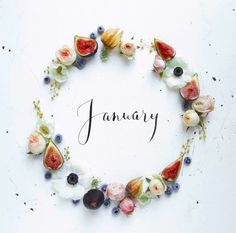 the word january is surrounded by flowers and fruit