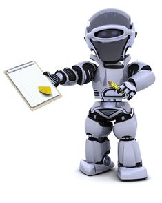 a robot is holding a clipboard and pointing at it with his right hand while standing in front of a notepad