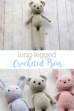 three crocheted stuffed animals sitting next to each other