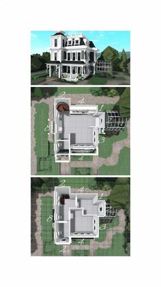 two different views of a house from above and below, with the floor plan in perspective