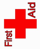 a red cross logo with the words first aid on it