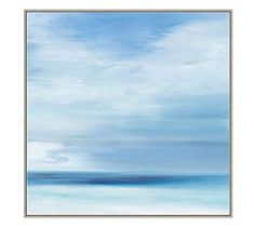 an abstract painting of blue and white clouds over the ocean with water in the foreground