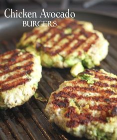 three burgers cooking on a grill with the words chicken avocado burgers