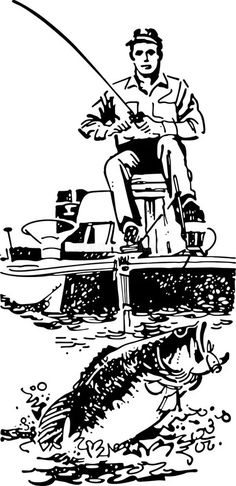 a man fishing on a boat with a fish in the water, vintage line drawing or engraving illustration