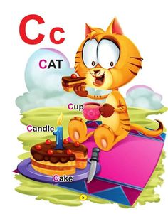 a cartoon cat sitting on top of a cake with the letter c in front of it