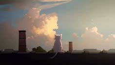 a white cat sitting on top of a roof next to smokestacks and clouds