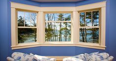 a living room with blue walls and two windows that have trees reflected in the window