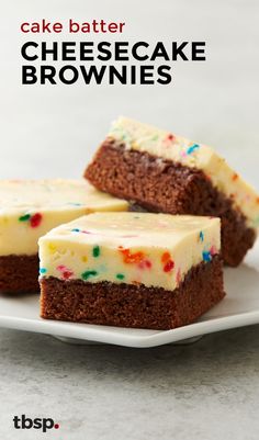 cake batter cheesecake brownies on a white plate