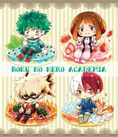 four anime characters sitting on top of each other in front of a sign that says boki no hero academy