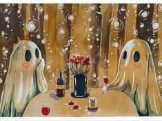 two ghost sitting at a table with wine and flowers