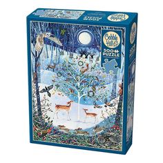 a puzzle box with an image of animals in the snow and trees, on top of it