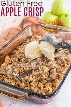 a person scooping ice cream out of an apple crisp in a baking dish with apples behind it