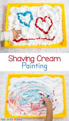 two pictures with the words shaving cream painted on them and an image of a child's hands