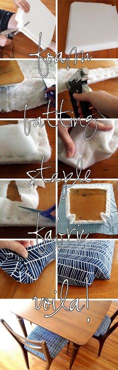 the steps to make a diy table with fabric on it and scissors in each step