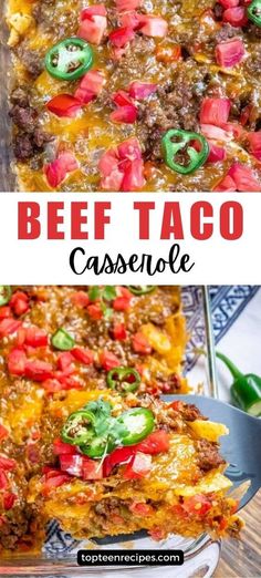 beef taco casserole with cheese and peppers on top