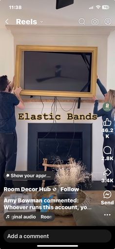 two people standing in front of a flat screen tv with the words elastic bands on it