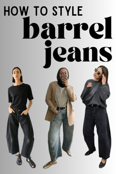 Barrel or Horseshoe jeans are a spring trend that seems to be hotter than ever. Wondering how to style them? Click here for a roundup of easy ways to style these trendy jeans that will make you look super chic. Barrel Jean Outfits Fall, Black Balloon Jeans Outfit, Cropped Barrel Jeans Outfit, Horseshoe Jeans Street Style, Leopard Print Barrel Jeans Outfit, Barrel Leg Trouser Outfit, Khaki Barrel Pants Outfit, Barrel Jeans Outfit Spring, Barell Jeans Styling