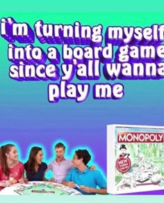 an advertisement for the monopoly board game, featuring three people and one is holding a piece of paper