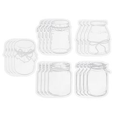 six mason jars with lids and laces on the lids, all in clear plastic