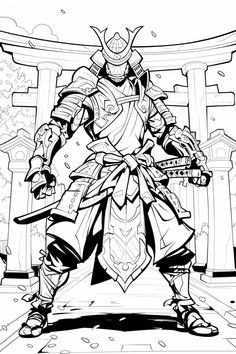 This captivating coloring page features a vigilant samurai standing guard at the iconic Torii gates. Dressed in traditional, battle-ready armor, the samurai exudes strength and discipline, embodying the warrior spirit of ancient Japan. The Torii gates in the background symbolize the transition from the mundane to the sacred, making this scene both powerful and serene. Perfect for history lovers and coloring enthusiasts, this page invites you to explore the rich details and vibrant colors of Japan's samurai era. Bring this warrior's watchful presence to life with your creativity! Samurai Armor Drawing, Japanese Samurai Drawing, Japan Art Design, Manga Warrior, Samurai Sketch, Samurai Drawing, Warrior Drawing