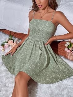 Green Boho Collar Sleeveless Polyester Polka Dot Cami Embellished Non-Stretch Summer Women Dresses Cute Summer Dresses, Dresses For Teens, Really Cute Outfits, White Summer, Summer Fits, Cami Dress, Outfit Casual, Summer Clothes, Cute Fits