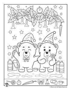 two teddy bears with christmas decorations and presents on the table, coloring page for adults