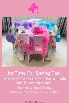 Calling all moms, grandmothers and aunties, now is the season to get that gift your favorite little girl is waiting for.  This party pack contains everything a fun tea party needs including:  four sun hats with flower accents that come in the colors of bright pink, purple, blue and white; four matching purses and four boas.  Let the fun begin! Flower Tea Party, General Ideas, Dress Up Day, Tea Party Birthday, Party Pack